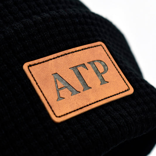 Alpha Gamma Rho Fraternity Beanie Hat - Black Winter Hat w/ Greek Letters Patch