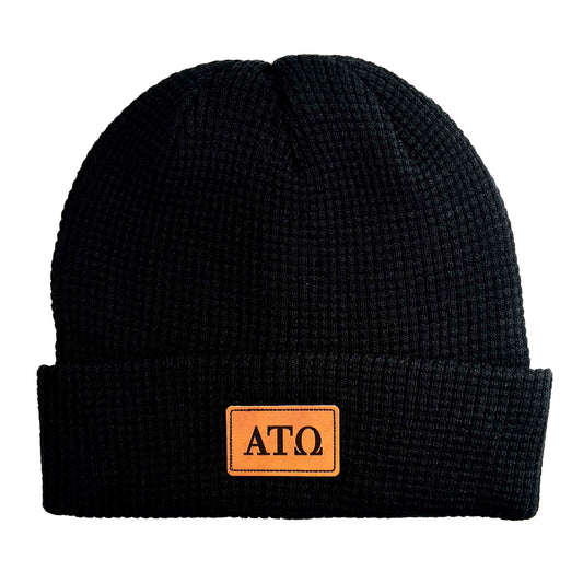 Alpha Tau Omega Fraternity Beanie Hat - Black Winter Hat w/ Greek Letters Patch