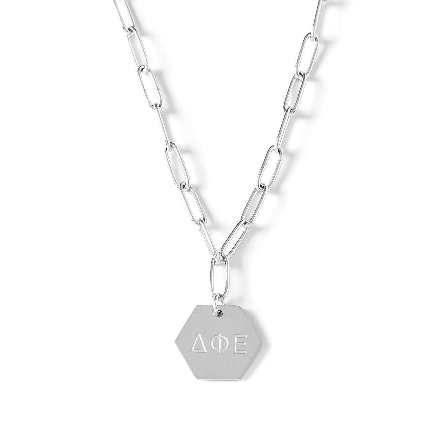 Delta Phi Epsilon Necklace- Silver Paperclip Style with DPE Pendant