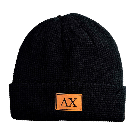 Delta Chi Fraternity Beanie Hat - Black Winter Hat w/ Greek Letters Patch