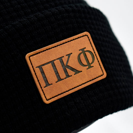 Pi Kappa Phi Fraternity Beanie Hat - Black Winter Hat w/ Greek Letters Patch