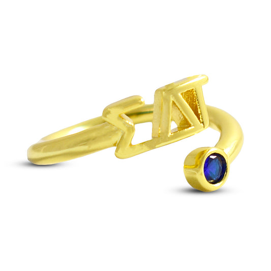 Sigma Delta Tau Ring- Gold Plated with Greek Letters and CZ Gemstone