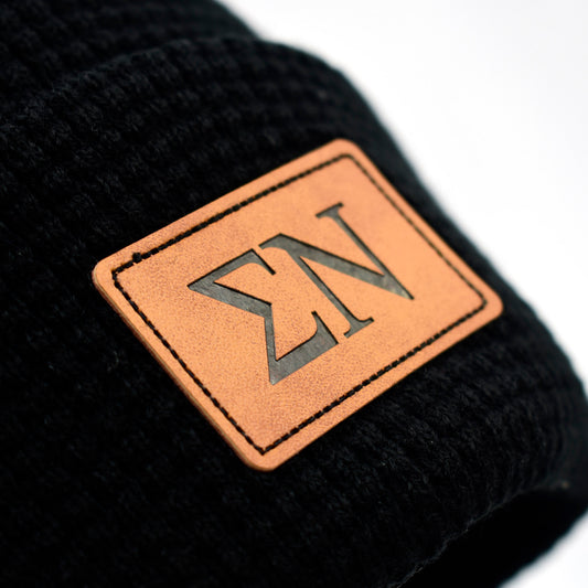 Sigma Nu Fraternity Beanie Hat - Black Winter Hat w/ Greek Letters Patch