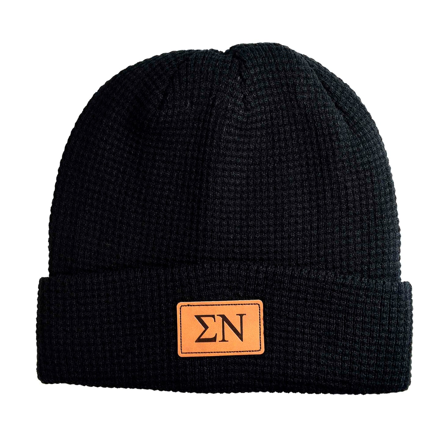Sigma Nu Fraternity Beanie Hat - Black Winter Hat w/ Greek Letters Patch