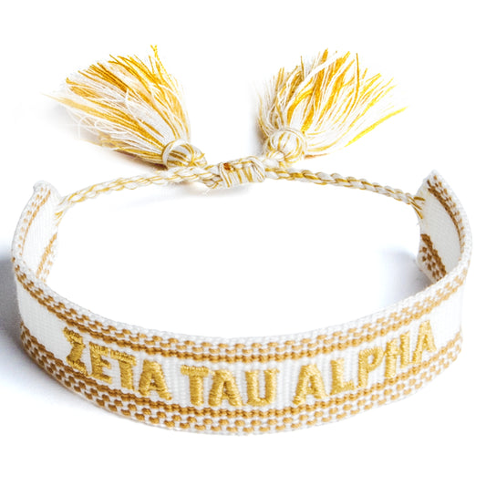 Zeta Tau Alpha Woven Bracelet, White and Gold Design