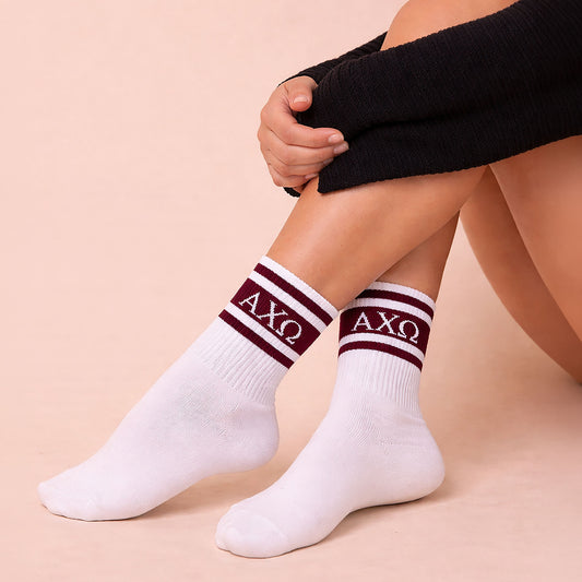 Alpha Chi Omega Socks- Striped Varsity Crew Socks with Greek Letters