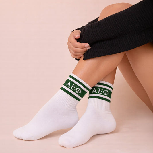 Alpha Epsilon Phi Socks- Striped Varsity Crew Socks with Greek Letters