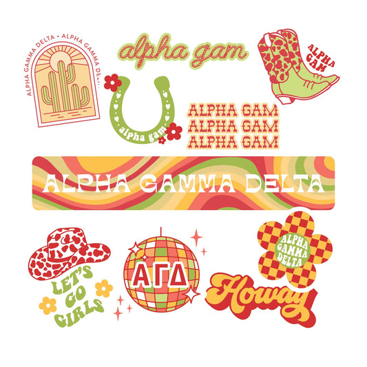 Alpha Gamma Delta Sticker Sheet - Western Disco Design