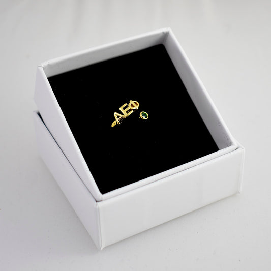 Alpha Epsilon Phi Ring- Gold Plated with Greek Letters and CZ Gemstone