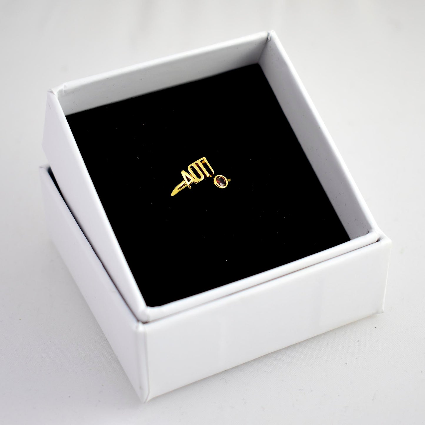 Alpha Omicron Pi Ring- Gold Plated with Greek Letters and CZ Gemstone
