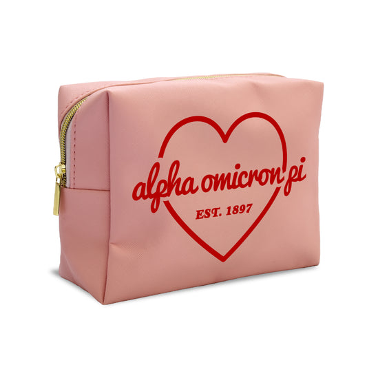 Alpha Omicron Pi Pink w/Red Heart Makeup Bag