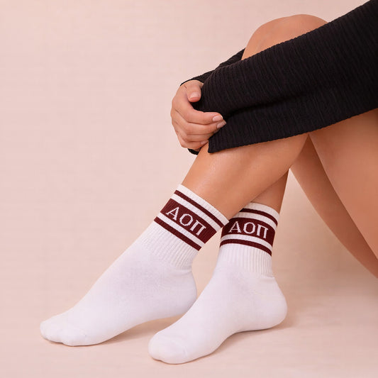 Alpha Omicron Pi Socks- Striped Varsity Crew Socks with Greek Letters