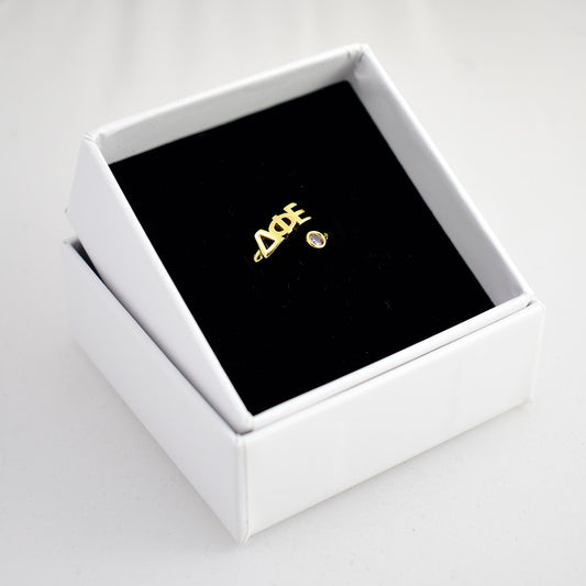 Delta Phi Epsilon Ring- Gold Plated with Greek Letters and CZ Gemstone