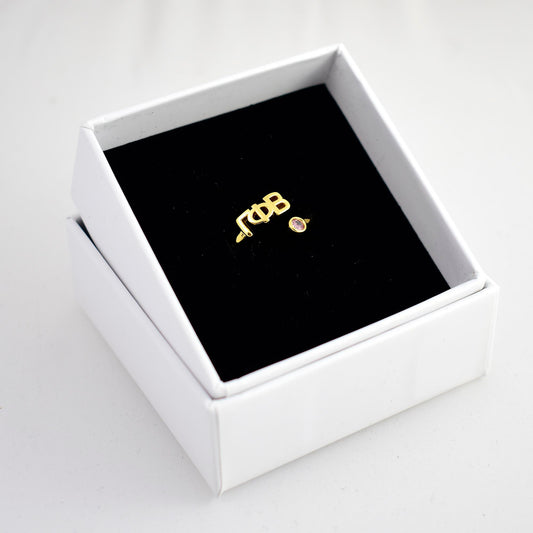 Gamma Phi Beta Ring- Gold Plated with Greek Letters and CZ Gemstone