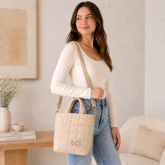 Phi Sigma Sigma Quilted Tote Bag- Small Crossbody Bag with Greek Letters
