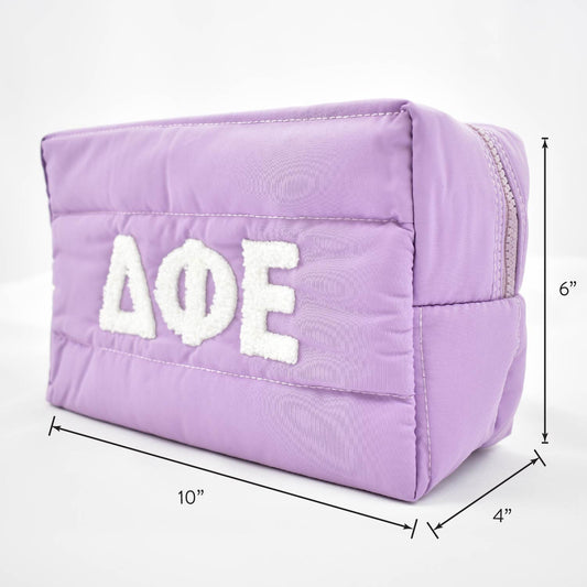 Delta Phi Epsilon Makeup Bag - Puffer Style with Sorority Letters