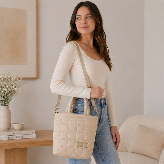Sigma Sigma Sigma Quilted Tote Bag- Small Crossbody Bag with Greek Letters