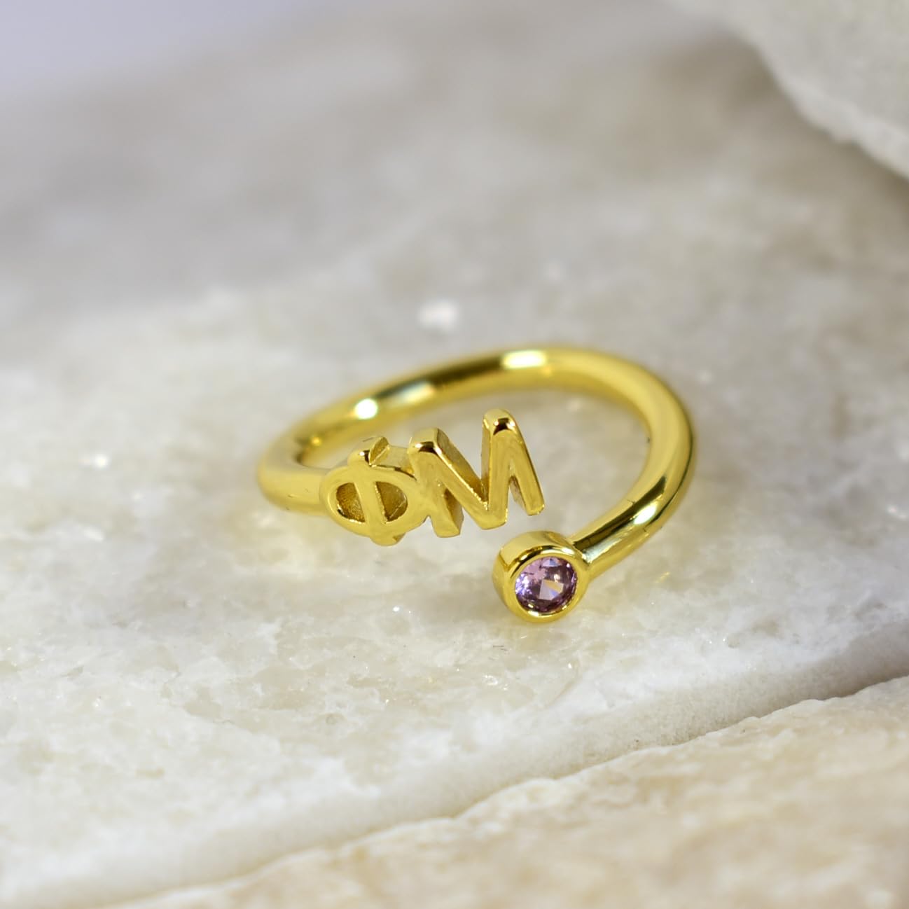 Delta Phi Epsilon Ring- Gold Plated with Greek Letters and CZ Gemstone