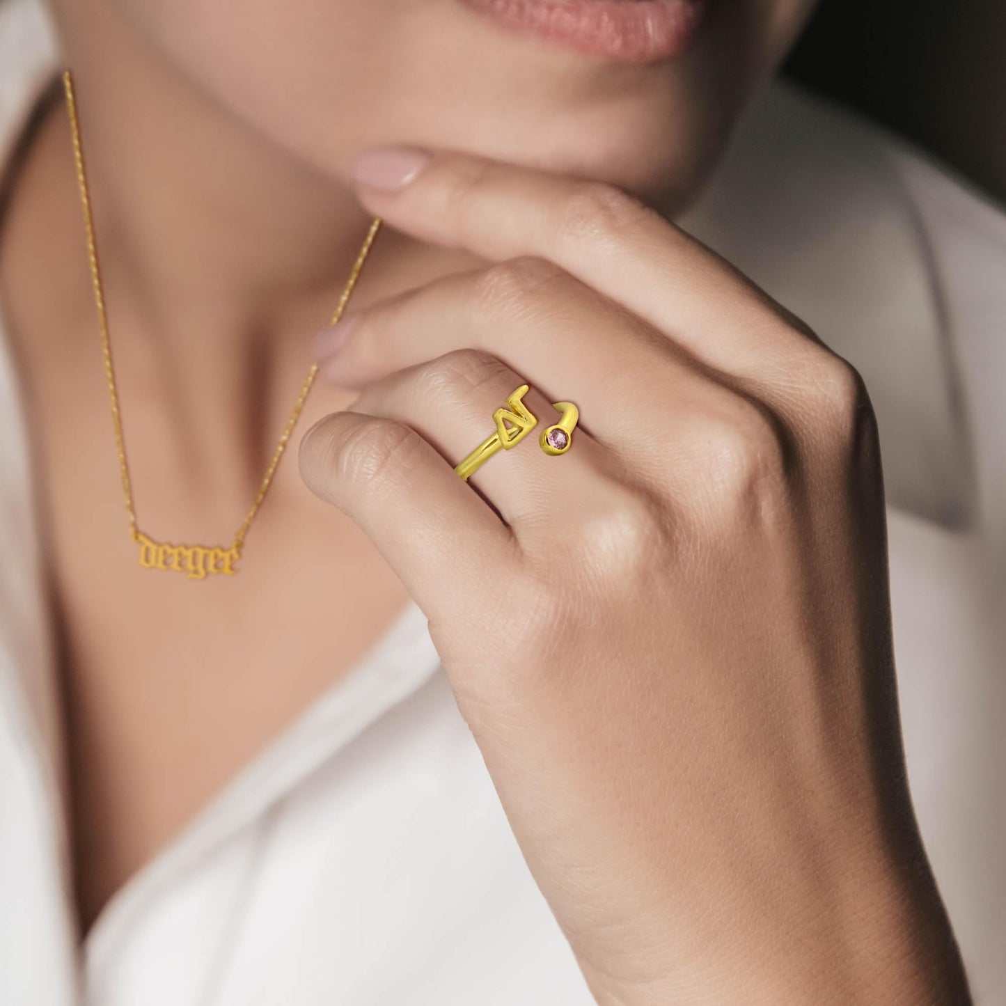 Delta Phi Epsilon Ring- Gold Plated with Greek Letters and CZ Gemstone
