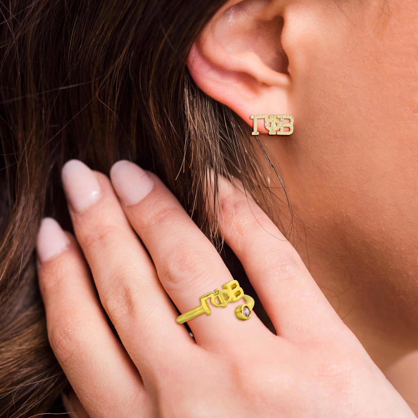 Delta Phi Epsilon Ring- Gold Plated with Greek Letters and CZ Gemstone