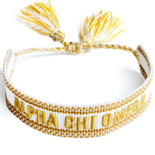 Alpha Chi Omega Woven Bracelet, White and Gold Design