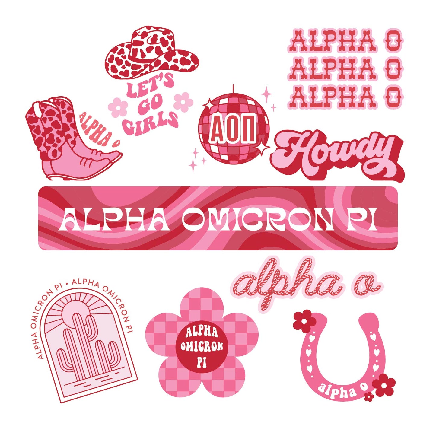 Alpha Omicron Pi Sticker Sheet - Western Disco Design