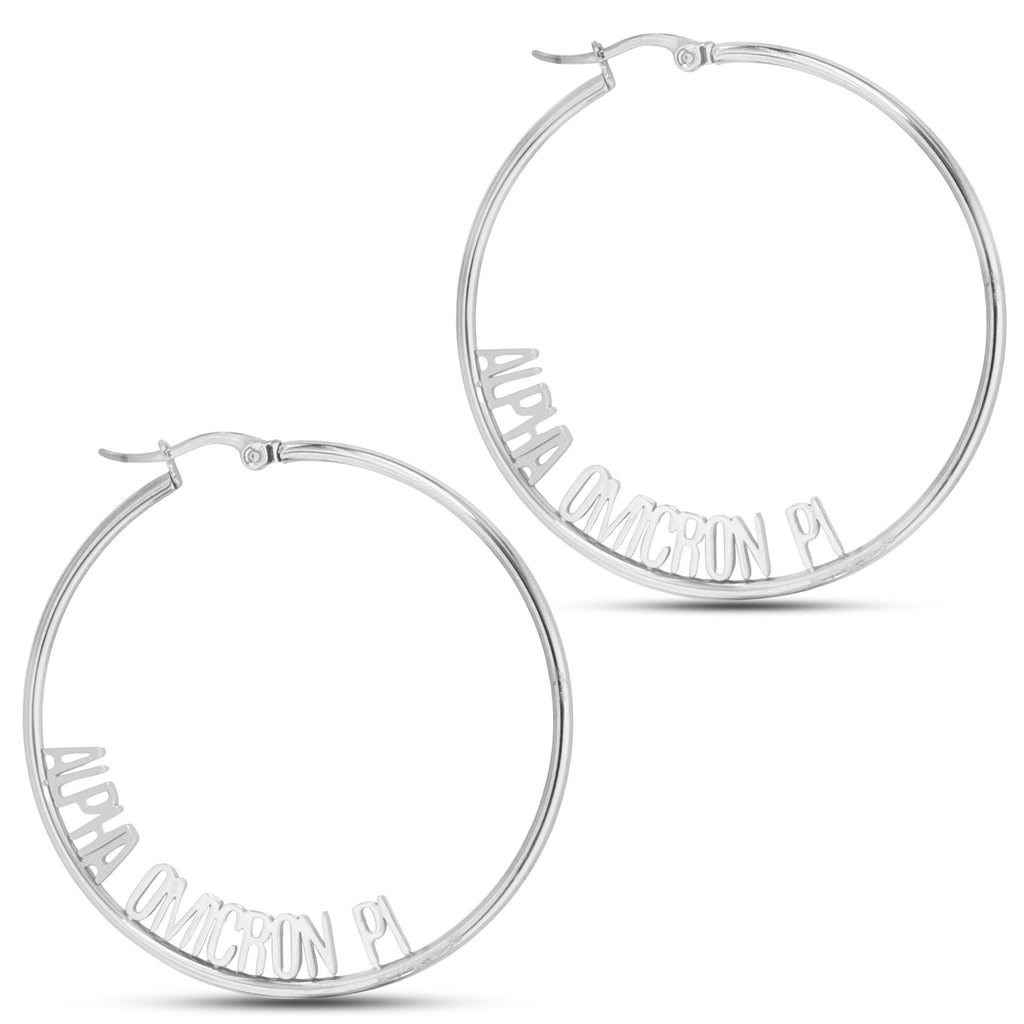 Alpha Omicron Pi Silver Hoop Earrings- Name Design