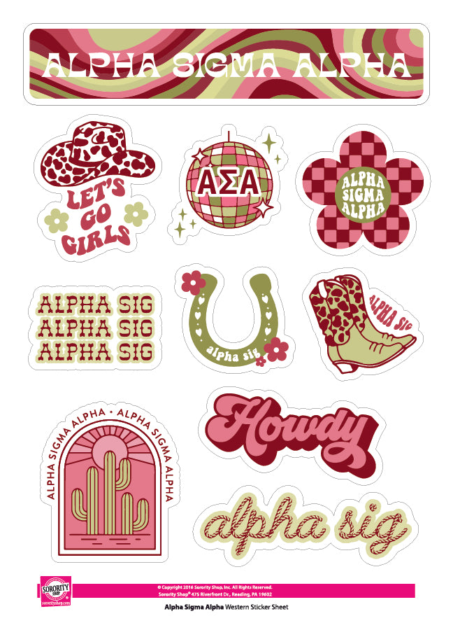 Alpha Sigma Alpha Sticker Sheet - Western Disco Design