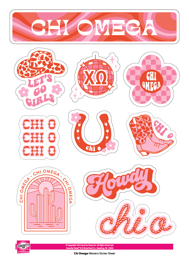 Chi Omega Sticker Sheet - Western Disco Design