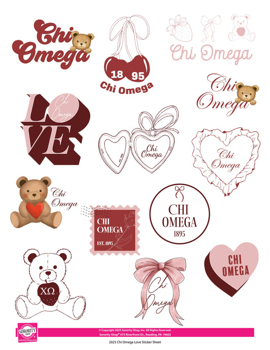Chi Omega Sticker Sheet- Teddy Bears and Sisterhood Love Theme