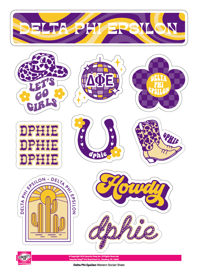 Delta Phi Epsilon Sticker Sheet - Western Disco Design