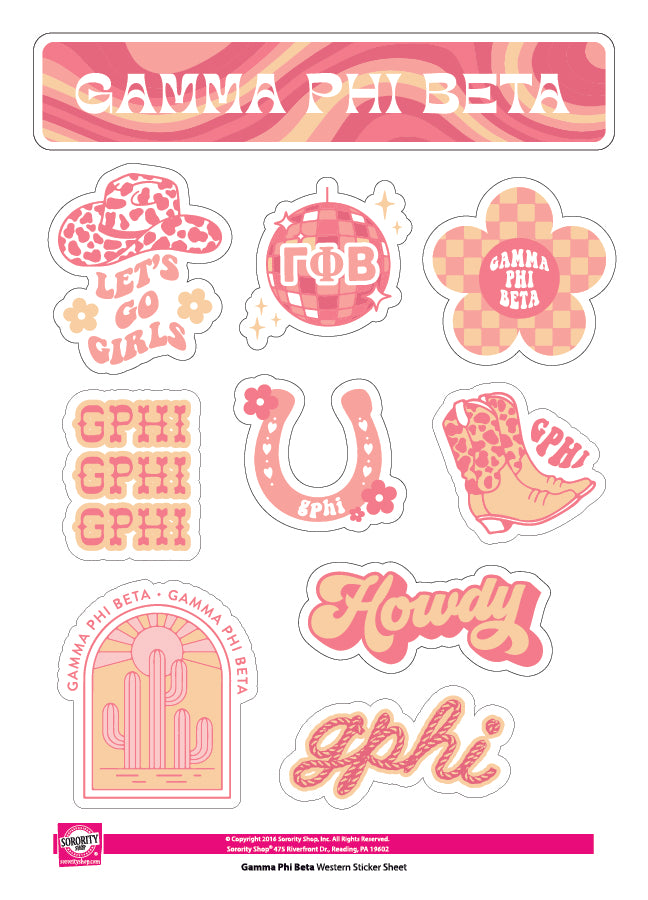 Gamma Phi Beta Sticker Sheet - Western Disco Design