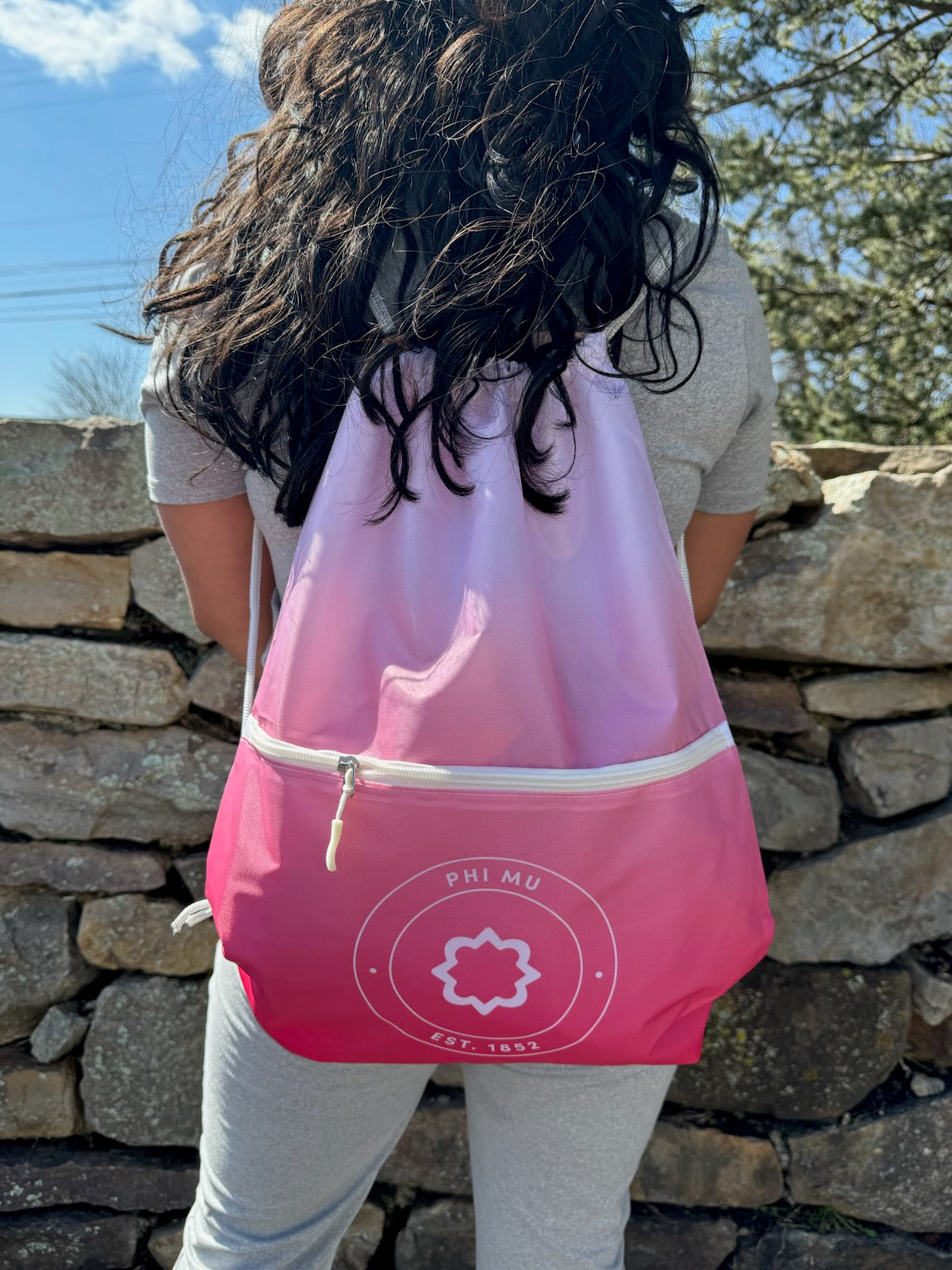 Phi Mu Drawstring Backpack, Ombre Color Design