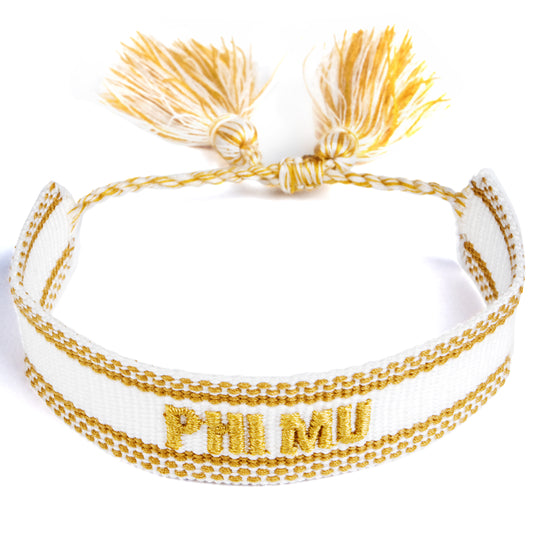 Phi Mu Woven Bracelet, White and Gold Design