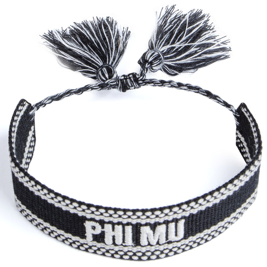 Phi Mu Woven Bracelet, Black and White Design