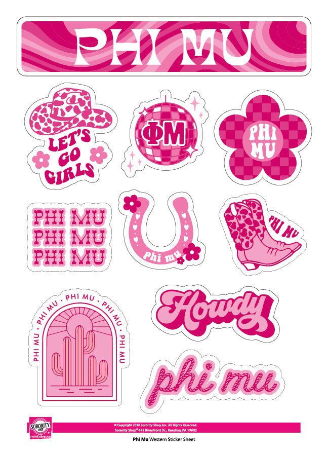 Phi Mu Sticker Sheet - Western Disco Design