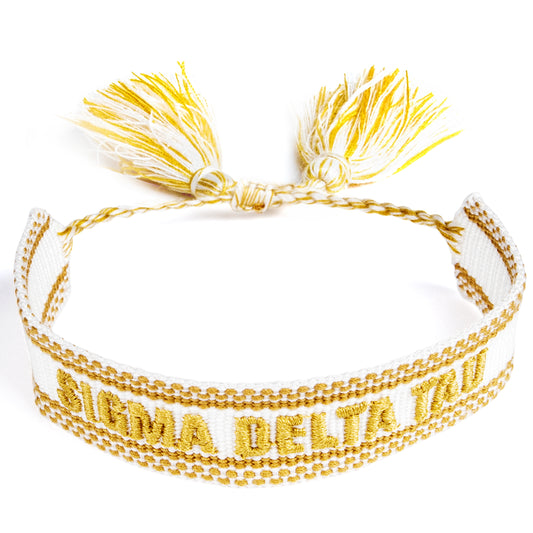 Sigma Delta Tau Woven Bracelet, White and Gold Design