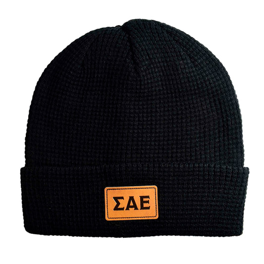 Sigma Alpha Epsilon Fraternity Beanie Hat - Black Winter Hat w/ Greek Letters Patch