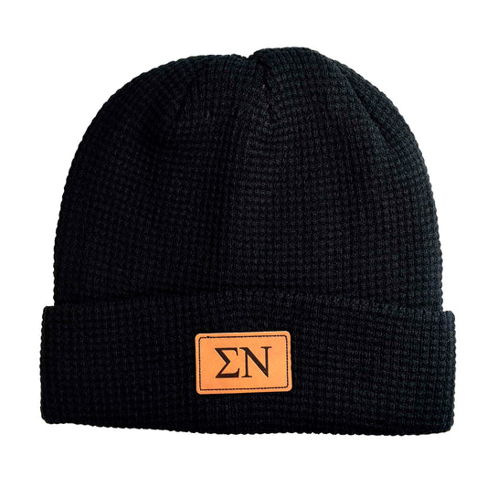 Sigma Nu Fraternity Beanie Hat - Black Winter Hat w/ Greek Letters Patch