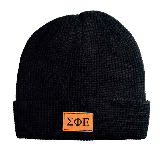 Sigma Phi Epsilon Fraternity Beanie Hat - Black Winter Hat w/ Greek Letters Patch