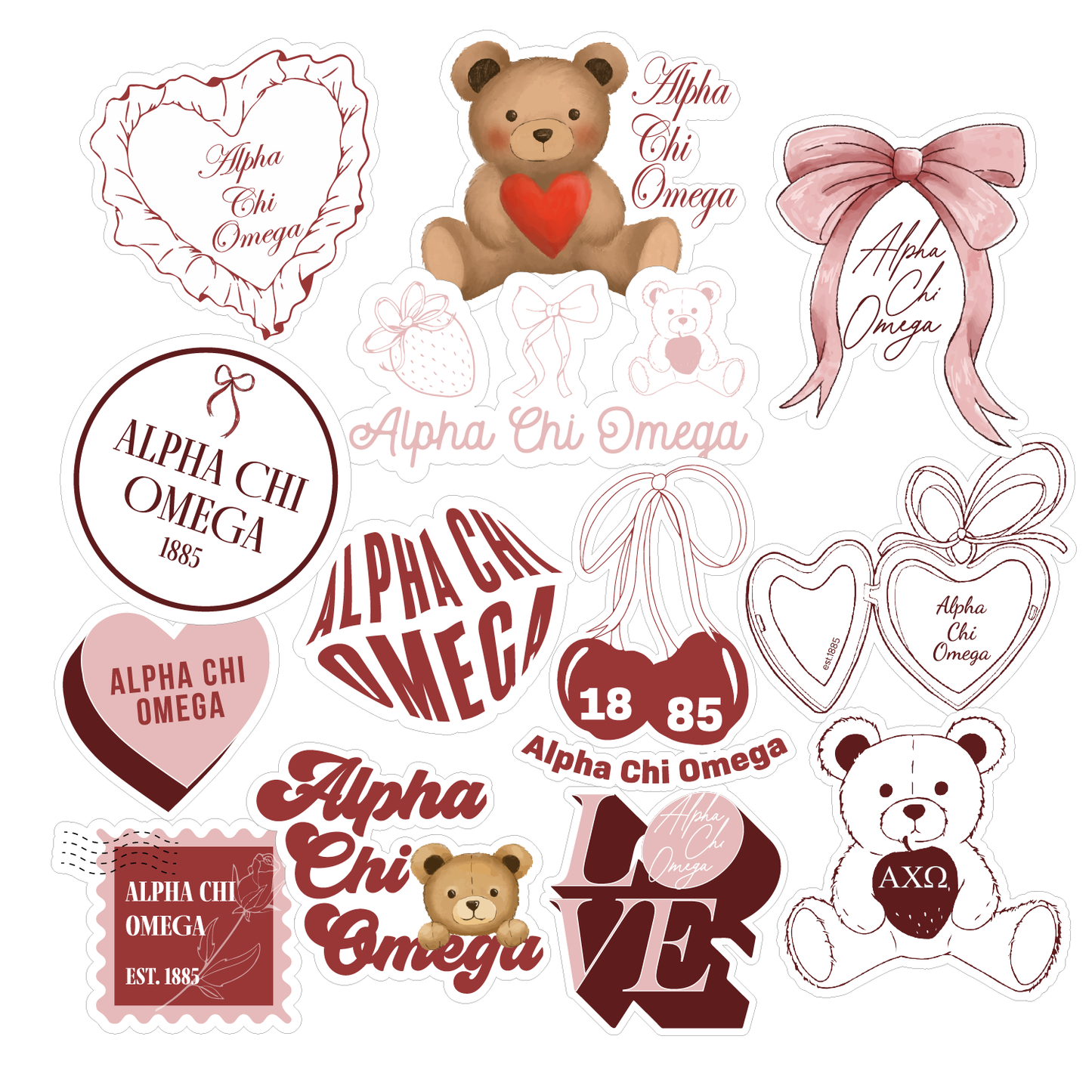 Alpha Chi Omega Sticker Sheet- Teddy Bears and Sisterhood Love Theme