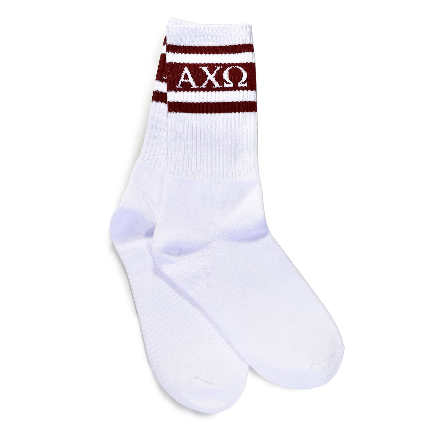 Alpha Chi Omega Socks- Striped Varsity Crew Socks with Greek Letters