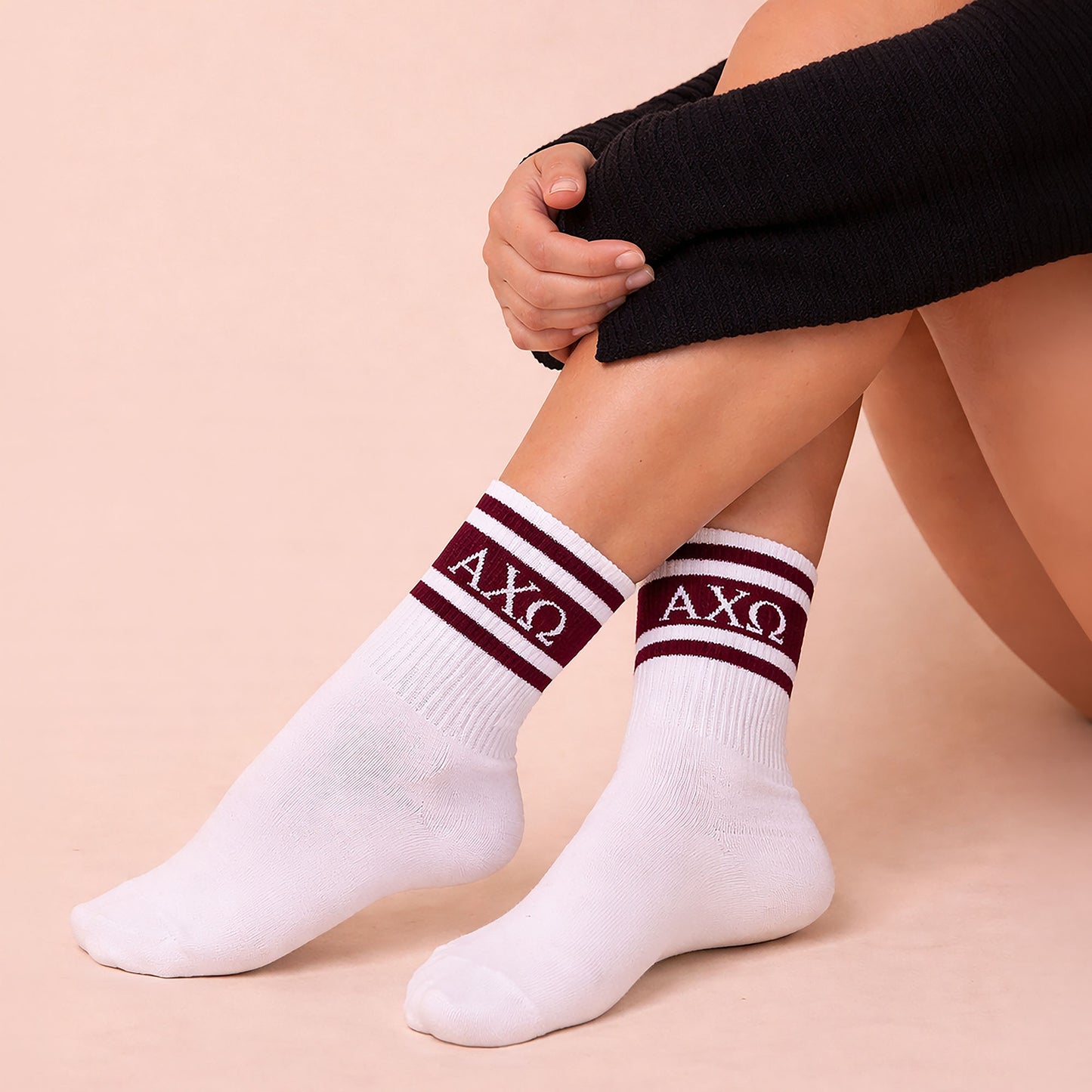 Alpha Chi Omega Socks- Striped Varsity Crew Socks with Greek Letters