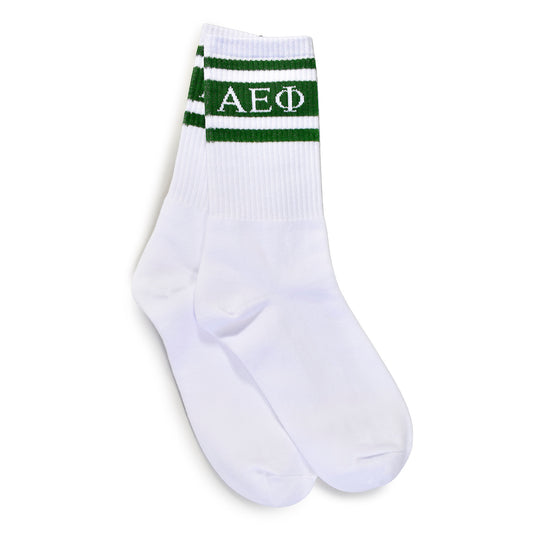 Alpha Epsilon Phi Socks- Striped Varsity Crew Socks with Greek Letters