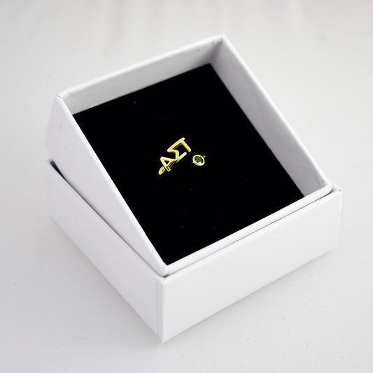 Alpha Sigma Tau Ring- Gold Plated with Greek Letters and CZ Gemstone