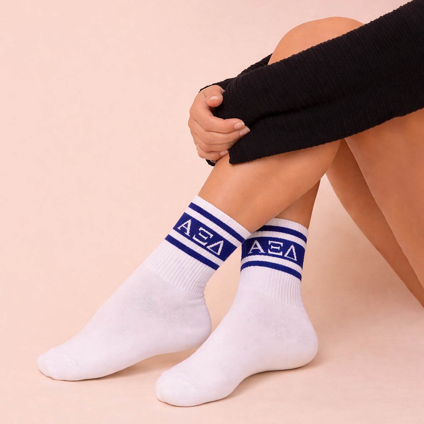 Alpha Xi Delta Socks- Striped Varsity Crew Socks with Greek Letters