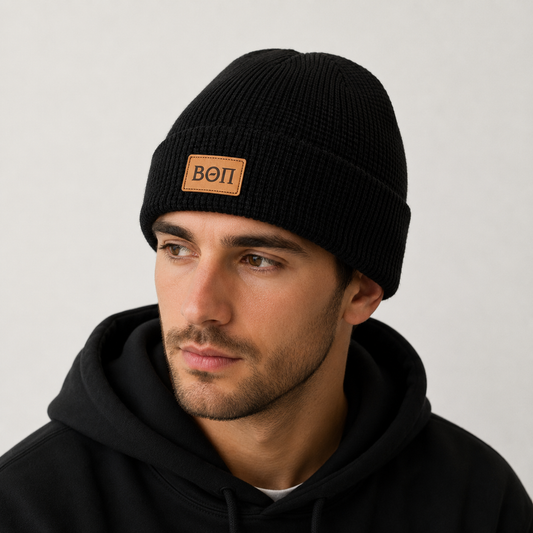 Beta Theta Pi Fraternity Beanie Hat - Black Winter Hat w/ Greek Letters Patch