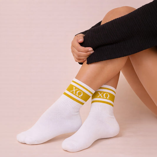 Chi Omega Socks- Striped Varsity Crew Socks with Greek Letters