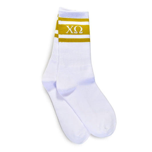 Chi Omega Socks- Striped Varsity Crew Socks with Greek Letters
