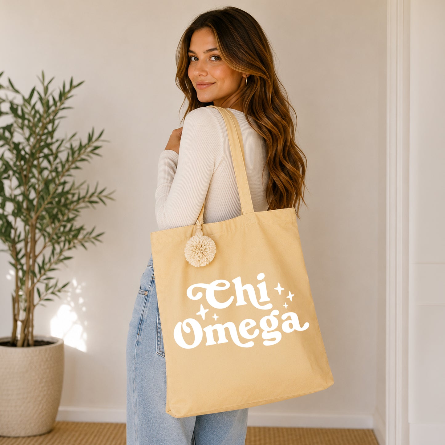 Chi Omega Retro Pom Pom Tote Bag